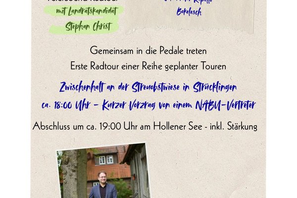 Das Bild zeigt eine stilisierte Einladung zu einer Radtour mit dem Landratskandidaten Stephan Christ. Es ist ein Polaroid des Kandidaten mit seinem Fahrrad zu sehen. Die Daten entsprechend der Beschreibung auf der Webseite. Es ist zusätzlich der Hinweis zu lesen: "Findet nicht statt bei schlechtem Wetter".