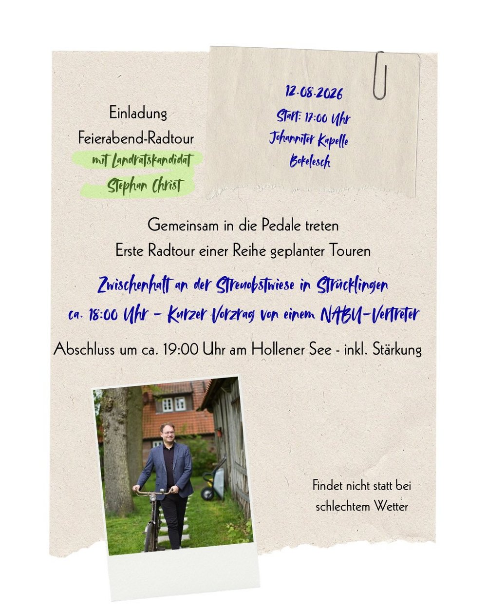 Das Bild zeigt eine stilisierte Einladung zu einer Radtour mit dem Landratskandidaten Stephan Christ. Es ist ein Polaroid des Kandidaten mit seinem Fahrrad zu sehen. Die Daten entsprechend der Beschreibung auf der Webseite. Es ist zusätzlich der Hinweis zu lesen: "Findet nicht statt bei schlechtem Wetter".