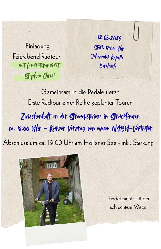 Das Bild zeigt eine stilisierte Einladung zu einer Radtour mit dem Landratskandidaten Stephan Christ. Es ist ein Polaroid des Kandidaten mit seinem Fahrrad zu sehen. Die Daten entsprechend der Beschreibung auf der Webseite. Es ist zusätzlich der Hinweis zu lesen: "Findet nicht statt bei schlechtem Wetter".